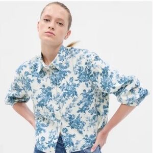 NWT Gap X LoveShackFancy Blue Floral Button Up Crop Shirt | Large